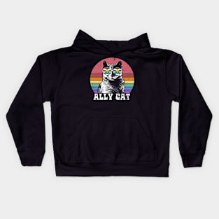 Ally Cat LGBT Rainbow Pride with Cool cat face wearing sunglasses Kids Hoodie